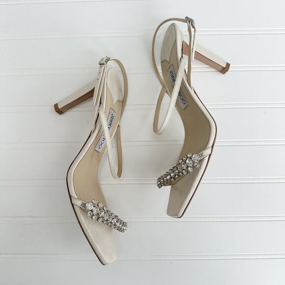 Jimmy Choo Meira 85 Heeled Sandals Off-White Latte Crystal Rhinestone Heels 38.5 - Picture 7 of 13